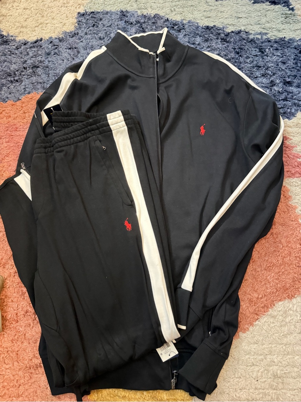Polo by Ralph Lauren Black Track Jacket & Pants with White Stripes and Red Pony